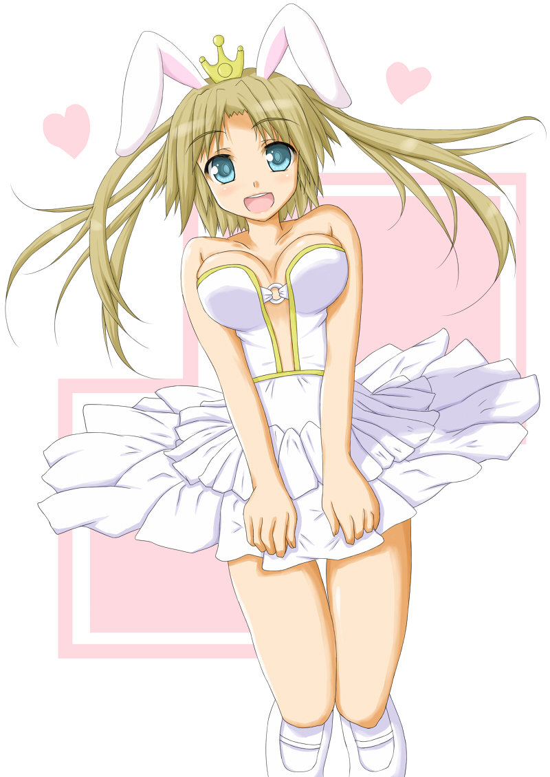 1girl, ac_japan, animal_ears, arigato_usagi, bare_shoulders, blonde_hair, blue_eyes, breasts