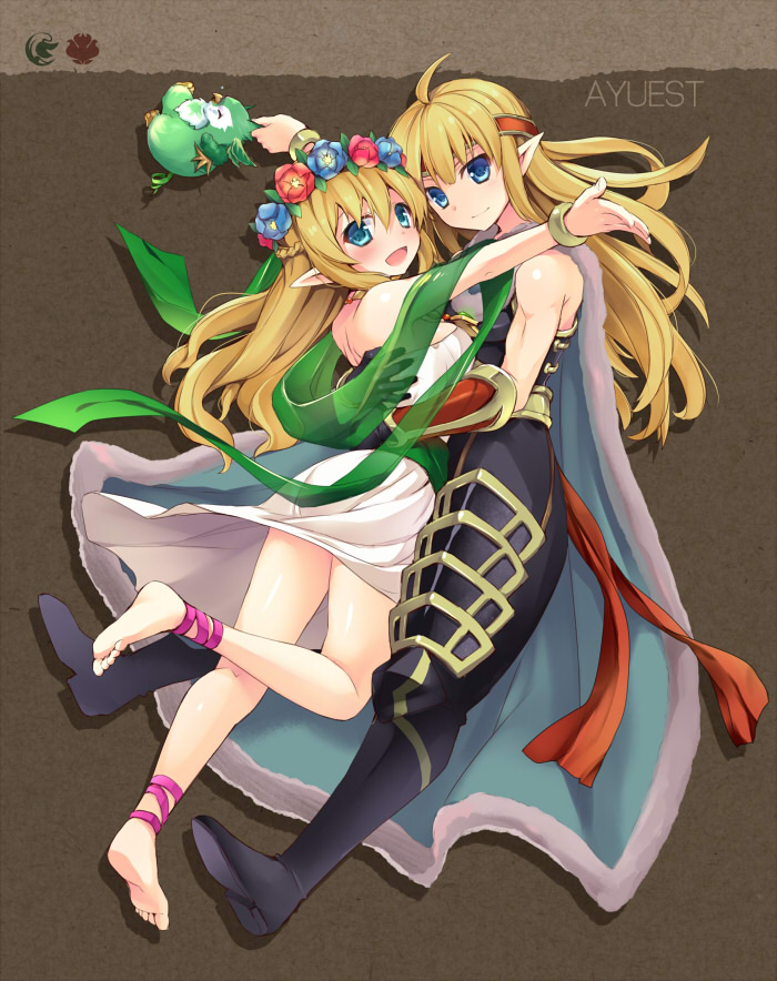 1boy, 1girl, ankle_lace-up, ankle_ribbon, anklet, aqua_eyes, armor, bankoku_ayuya, barefoot, blonde_hair, blue_eyes, boots, bracelet, brother_and_sister, cape, dress, elf, feet, flower, freyja_(p&amp;d), freyr_(p&amp;d), gloves, hair_flower, hair_ornament, head_wreath, headband, hetero, hug, jewelry, leg_ribbon, long_hair, muscular, pointy_ears, puzzle_&amp;_dragons, ribbon, siblings, soles, toes, veil