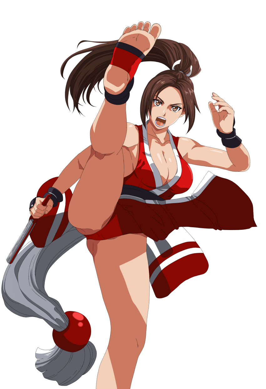 1girl, absurdres, barefoot, breasts, bridal_gauntlets, brown_hair, cleavage, fatal_fury, feet, female_focus, fighting_stance, folded_fan, folding_fan, hand_fan, highres, japanese_clothes, kicking, kuroi_ohagi, long_hair, ninja, pelvic_curtain, ponytail, revealing_clothes, shiranui_mai, simple_background, snk, soles, solo, the_king_of_fighters, toeless_legwear, toes, white_background