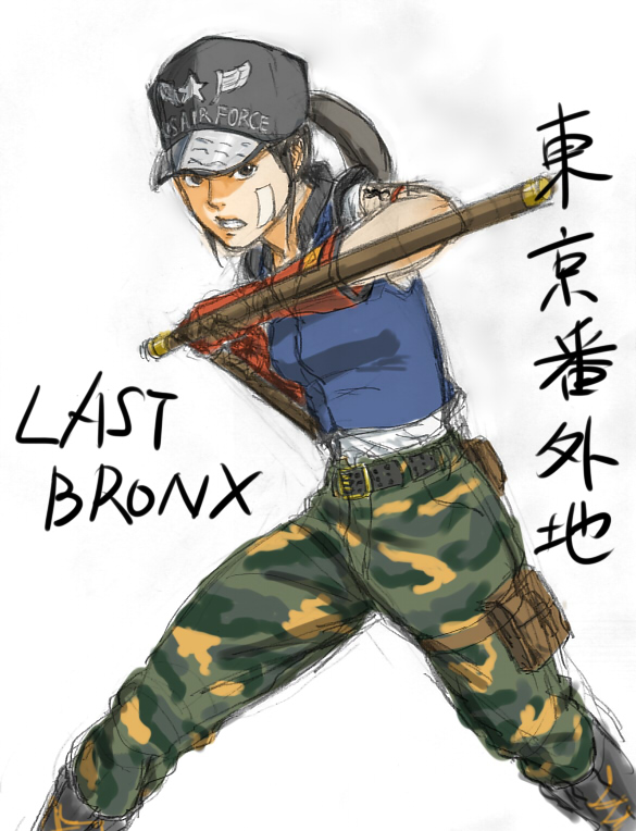 1girl, baseball_cap, belt, black_hair, camouflage, copyright_name, dual_wielding, female_focus, gloves, hat, holding, kono_yoko, last_bronx, long_hair, pants, ponytail, pouch, risui2, sega, solo, tattoo, thigh_pouch, tonfa, weapon