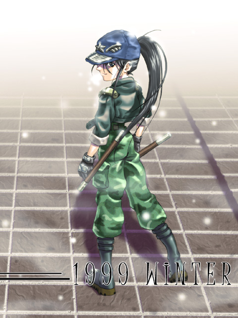 1990s_(style), 1999, 1girl, baseball_cap, baton, black_hair, boots, cargo_pants