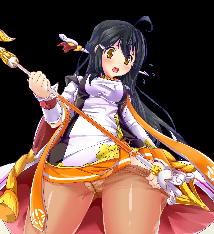 1girl, :o, a.kagami, absurdres, ahoge, ara_haan, ara_han, bad_id, bad_pixiv_id, black_hair, blush, brown_eyes, clothes_pull, crotch_seam, elsword, female_focus, from_below, highres, long_hair, panties, panties_under_pantyhose, pantyhose, pantyhose_pull, pantyshot, sakra_devanam_(elsword), see-through_clothes, see-through_legwear, skirt, solo, staff, striped_clothes, striped_panties, transparent_background, underwear, upskirt, wardrobe_malfunction, white_background