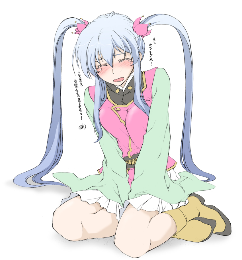 1girl, blue_hair, blush, boots, cosplay, elf_(stroll_in_the_woods), closed_eyes, female_focus