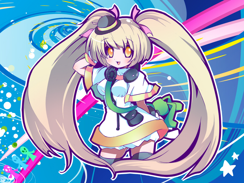 1girl, bad_id, bad_pixiv_id, bemani, black_legwear, blonde_hair, blush, female_focus, gloves, hair_ribbon, hat, headphones, jubeat, kaniko, kokumo_an'yo, kurage_no_ko, long_hair, luce_(3lil), open_mouth, ribbon, solo, star_(symbol), twintails, yellow_eyes