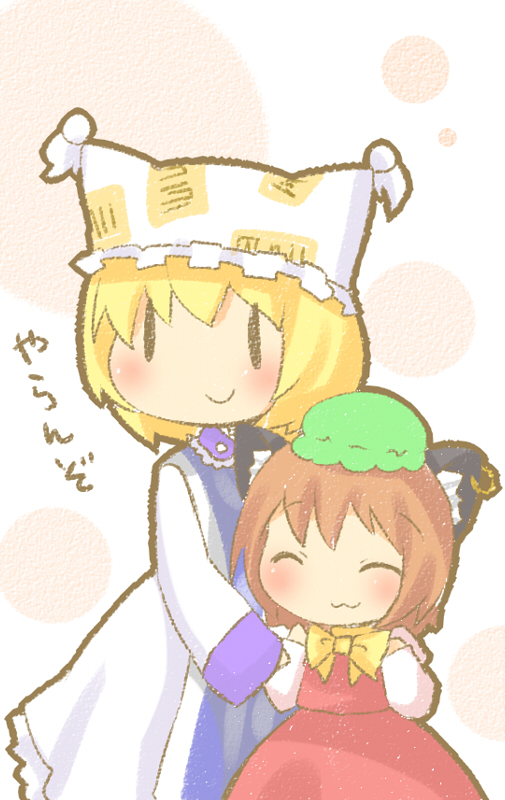 2girls, animal_ears, blonde_hair, blush, brown_hair, cat_ears, cat_girl, cat_tail, chen, chibi, closed_eyes, female_focus, fox_tail, hat, kokumo_an'yo, kurage_no_ko, luce_(3lil), multiple_girls, tail, touhou, yakumo_ran