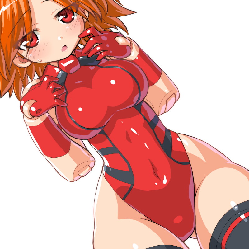 10s, 1girl, bad_id, bad_pixiv_id, black_thighhighs, breasts, brown_hair, busou_shinki, covered_navel, dd_(ijigendd), doll_joints, female_focus, gloves, joints, large_breasts, leotard, red_eyes, red_leotard, short_hair, simple_background, solo, thighhighs, thighs, tigris, white_background, wide_hips