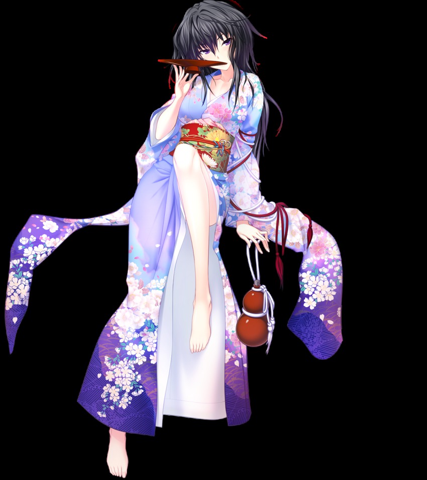 1girl, alcohol, barefoot, black_hair, bottle, cup, female_focus, floral_print, full_body, gourd, highres, japanese_clothes, kawagishi_keitarou, kimono, long_hair, maji_de_watashi_ni_koi_shinasai!, maji_de_watashi_ni_koi_shinasai!_s, musashibou_benkei, obi, purple_eyes, sakazuki, sake, sash, solo, transparent_background