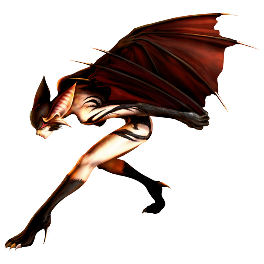 1girl, animal_ears, bat_ears, bat_wings, black_hair, bloody_roar, female_focus, fur, highres, jenny_burtory, lipstick, makeup, monster_girl, nude, official_art, pointy_ears, solo, talons, vampire, wings, yellow_eyes