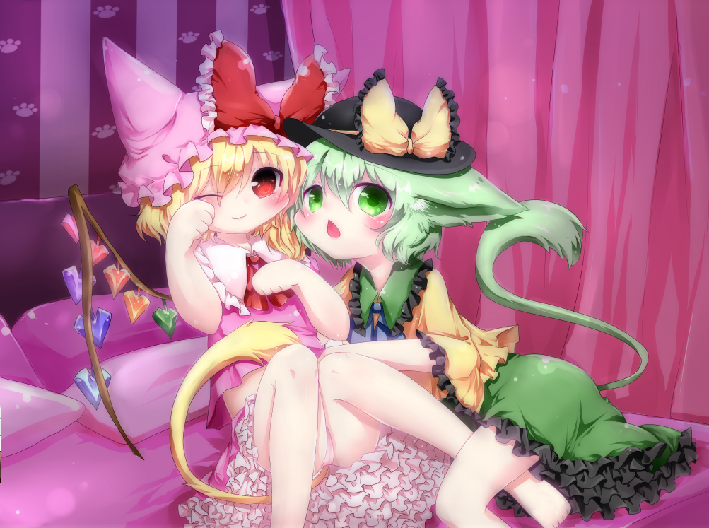 2girls, animal_ears, arare_mochiko, bad_id, bad_pixiv_id, bare_legs, barefoot, bed