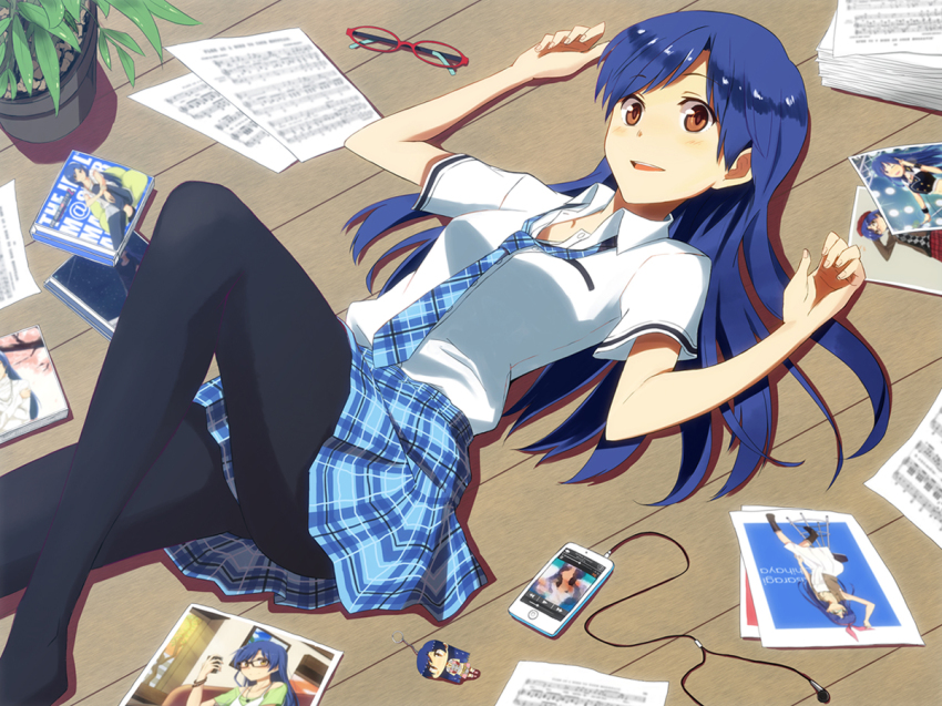1girl, black_pantyhose, blue_hair, brown_eyes, cd_case, charm_(object), mp3_player, earphones, female_focus, glasses, idolmaster, idolmaster_(classic), kisaragi_chihaya, long_hair, lying, necktie, on_back, open_mouth, pantyhose, photo_(object), plaid_clothes, plaid_necktie, plaid_neckwear, plaid_skirt, plant, pleated_skirt, potted_plant, rough_time_school, sheet_music, skirt, smile, solo, teru_(grafroller), unworn_eyewear