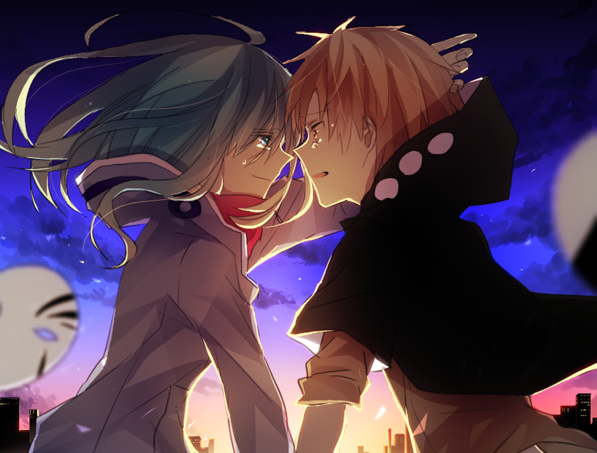 1boy, 1girl, bad_id, bad_pixiv_id, blonde_hair, eye_contact, face-to-face, green_hair