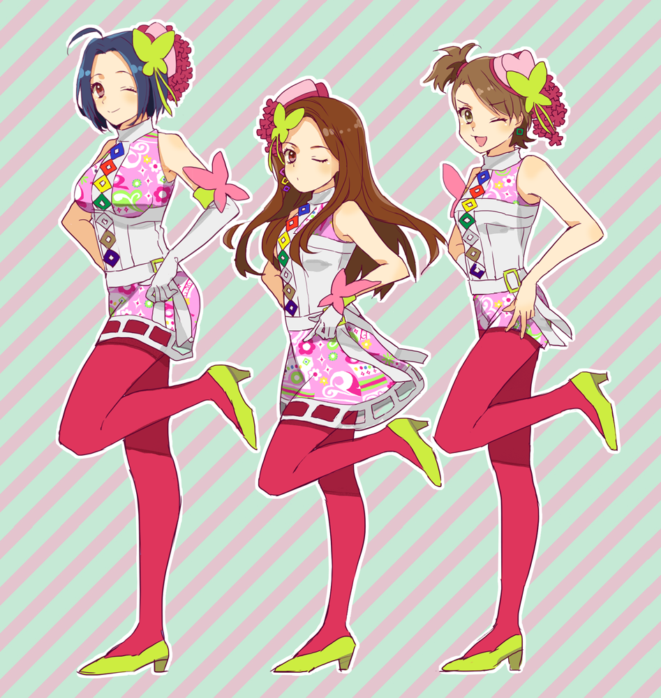 3girls, ;), ;d, ahoge, akihiro, bad_id, bad_pixiv_id, blue_hair, brown_eyes, brown_hair, butterfly_hair_ornament, dress, earrings, elbow_gloves, futami_ami, gloves, hair_ornament, hand_on_own_hip, hat, high_heels, idolmaster, idolmaster_(classic), jewelry, legs, long_hair, long_legs, minase_iori, miura_azusa, multiple_girls, nanairo_button_(costume), one_eye_closed, open_mouth, pantyhose, pink_legwear, red_eyes, red_legwear, ryuuguu_komachi, shoes, short_hair, side_ponytail, sleeveless, sleeveless_dress, smile, standing, standing_on_one_leg, striped_background, v, white_gloves, wink