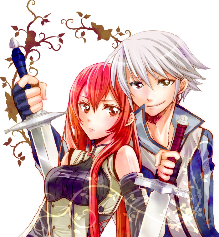 1boy, 1girl, fire_emblem, fire_emblem_awakening, gloves, holy_pledge, inigo_(fire_emblem), long_hair, nintendo, red_eyes, red_hair, severa_(fire_emblem), short_hair, silver_hair, smile, sword, weapon