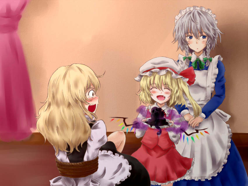 3girls, bad_food, blouse, blue_shirt, bound, collared_shirt, female_focus, flandre_scarlet