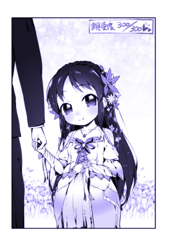 10s, 1girl, andersen's_fairy_tales, blue_theme, blush, cross-laced_clothes, dress, flower, hair_flower, hair_ornament, hand_on_own_stomach, heart, holding_hands, idolmaster, idolmaster_cinderella_girls, long_hair, monochrome, plant, pregnant, ribbon, ribbon-trimmed_clothes, ribbon_trim, smile, tachibana_arisu, thumbelina_(andersen), u_(the_unko), vines