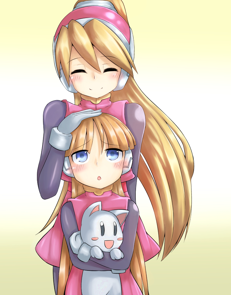 2girls, alouette_(mega_man), blonde_hair, blue_eyes, capcom, ciel_(mega_man), doll, closed_eyes, gloves, mega_man_(series), mega_man_zero_(series), misaki_yuuma, multiple_girls, pantyhose, headpat, ponytail