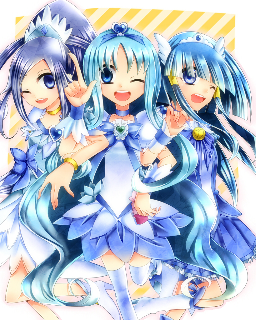 10s, 3girls, aoki_reika, bad_id, bad_pixiv_id, bike_shorts, blue_bow, blue_dress, blue_eyes, blue_hair, blue_skirt, blue_theme, boots, bow, bracelet, brooch, choker, color_connection, cure_beauty, cure_diamond, cure_marine, dokidoki!_precure, dress, hair_ornament, hair_tubes, head_wings, heart, heart_brooch, heartcatch_precure!, high_heels, hishikawa_rikka, in-franchise_crossover, jewelry, kurumi_erika, long_hair, magical_girl, masaki_729, multiple_girls, one_eye_closed, open_mouth, ponytail, precure, ribbon, shoes, shorts, shorts_under_skirt, skirt, smile, smile_precure!, thighhighs, tiara, very_long_hair, white_legwear, wings, wink, wrist_cuffs