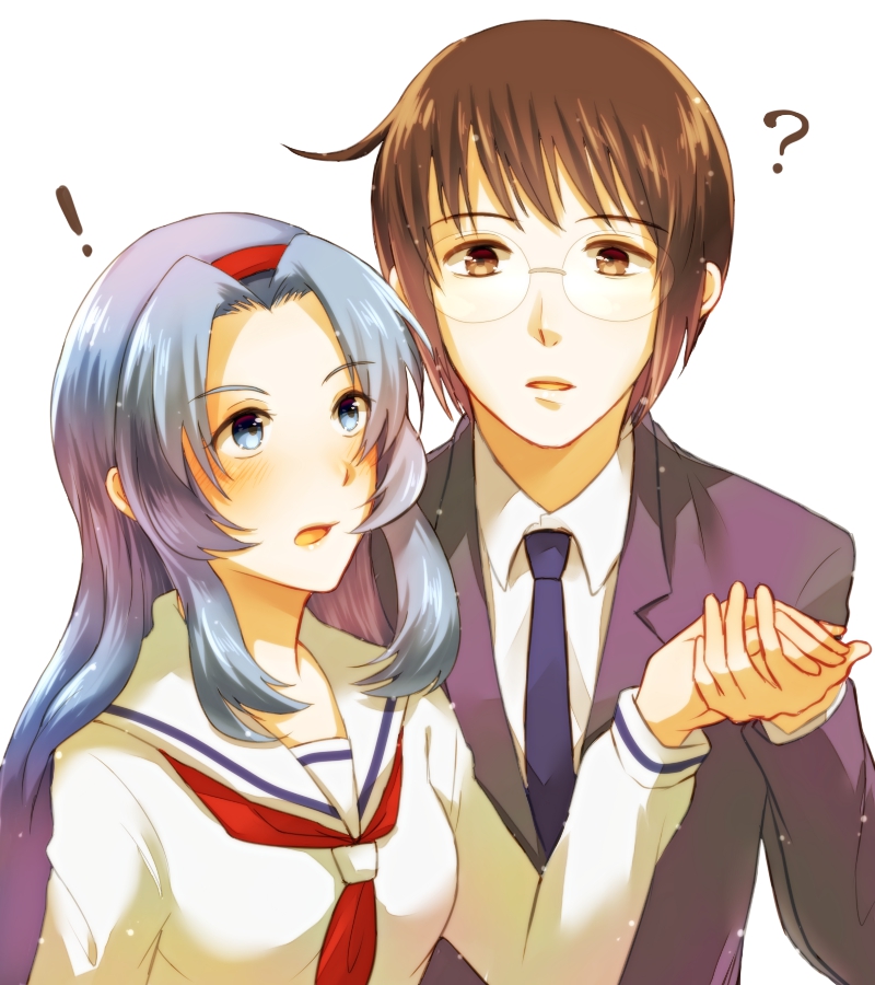 !, 10s, 1boy, 1girl, 3310suzuka, ?, blue_hair, brown_eyes