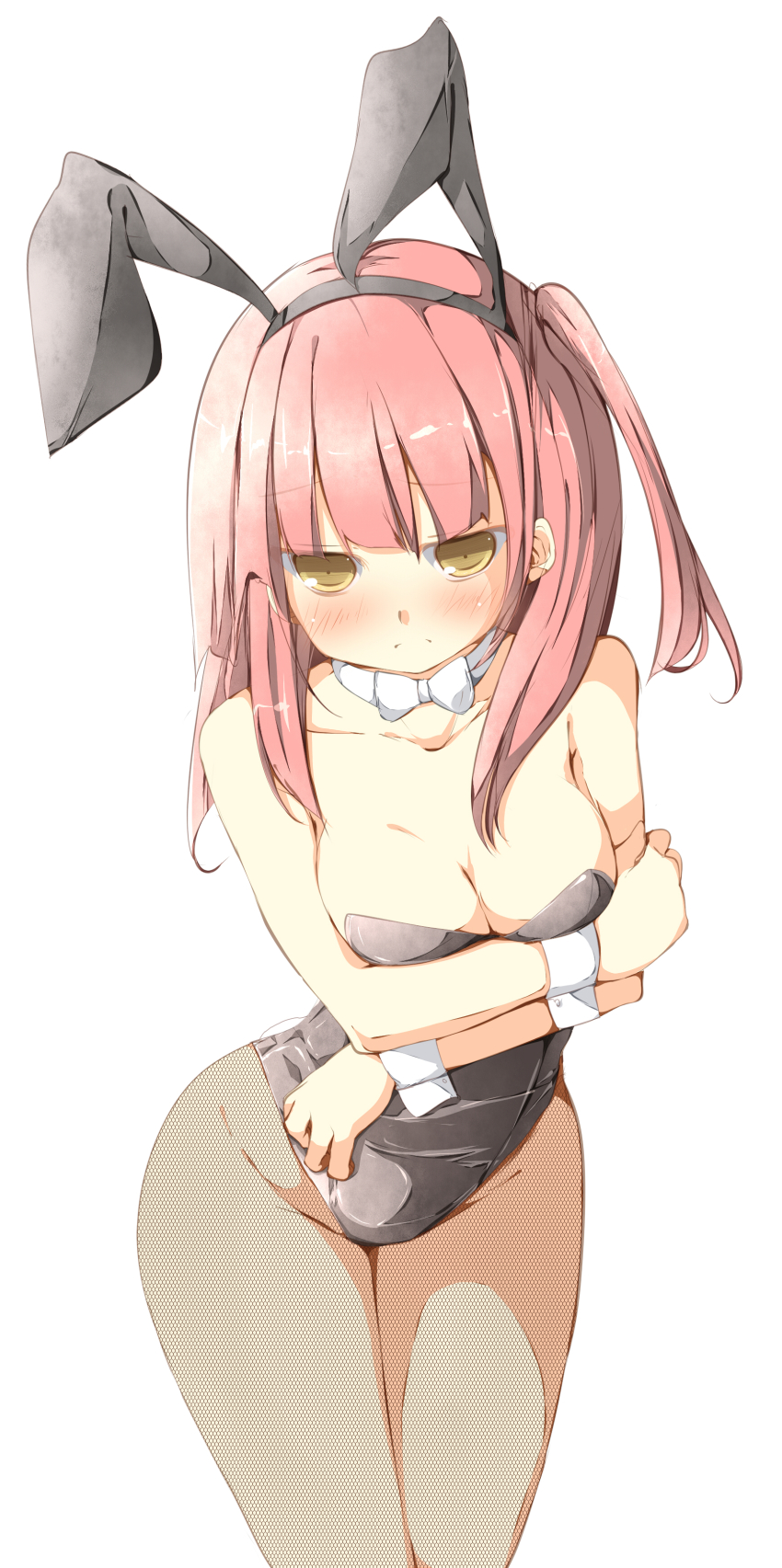 1girl, absurdres, alternate_eye_color, animal_ears, bad_id, bad_pixiv_id, detached_collar, fake_animal_ears, female_focus, fishnet_pantyhose, fishnets, highres, long_hair, magi_the_labyrinth_of_magic, morgiana, pantyhose, playboy_bunny, rabbit_ears, rabbit_tail, red_hair, side_ponytail, solo, tabuchi_(tabuchisanchi), tabuchisan, tail, wrist_cuffs, yellow_eyes