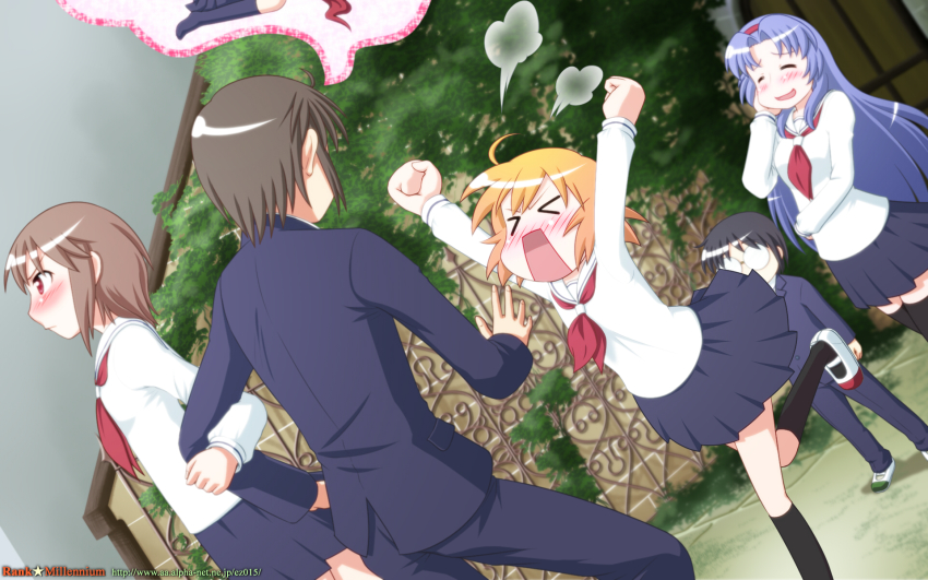 >_<, 10s, 2boys, 3girls, ahoge, black_hair, blonde_hair, blue_hair