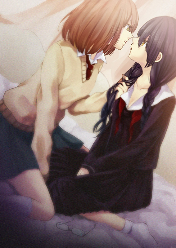 2girls, adjusting_hair, bed, black_hair, braid, brown_hair, cardigan, dutch_angle