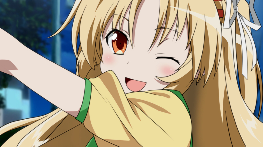 1girl, ;d, blonde_hair, blush, brown_eyes, derivative_work, female_focus, hair_ornament