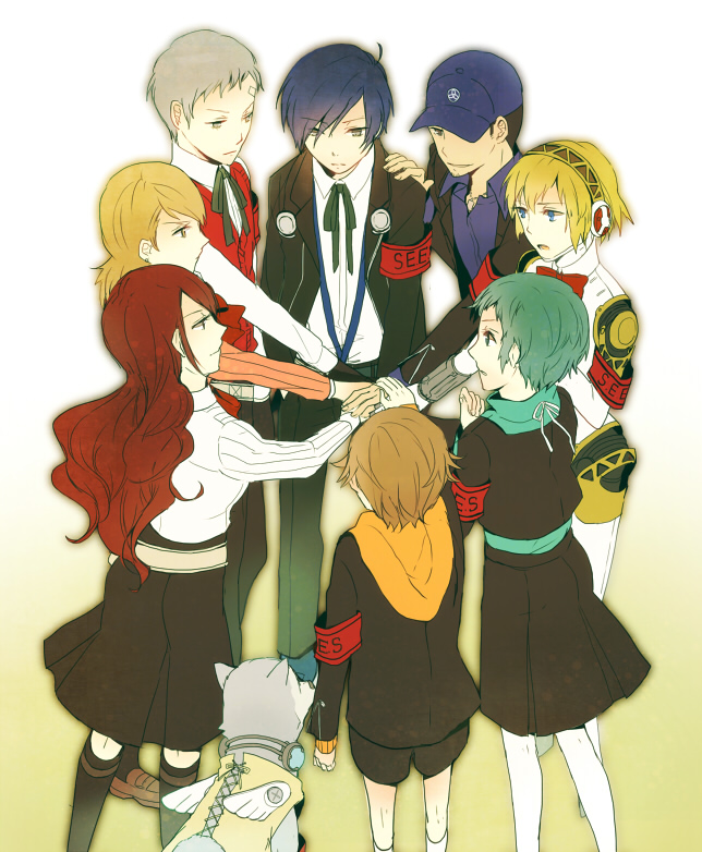 4boys, 4girls, aigis_(persona), amada_ken, android, animal, aqua_eyes, aqua_hair