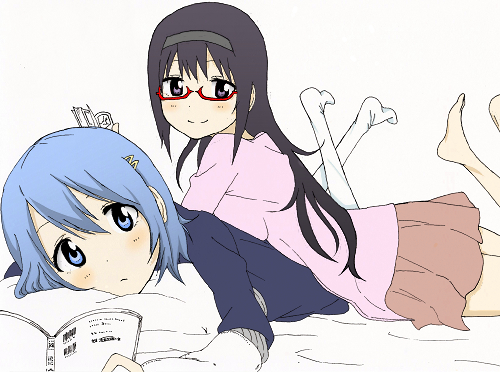 10s, 2girls, ajisu_abeba, akemi_homura, bad_id, bad_pixiv_id, bed, black_hair