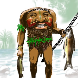 1boy, blemmyes, commentary, dark_skin, dark-skinned_male, closed_eyes, fish, fishing_rod, grin, headless, hyaku_todoroki, loincloth, lowres, misogram, monster, smile, tattoo, teeth, the_travels_of_sir_john_mandeville, tree, tribal, water, what