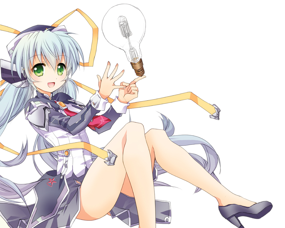 10s, 1girl, blue_hair, female_focus, green_eyes, hat, high_heels, hoshino_yumemi, light_bulb, long_hair, planetarian, ribbon, shishido_katsura, shoes, simple_background, solo, twintails, very_long_hair