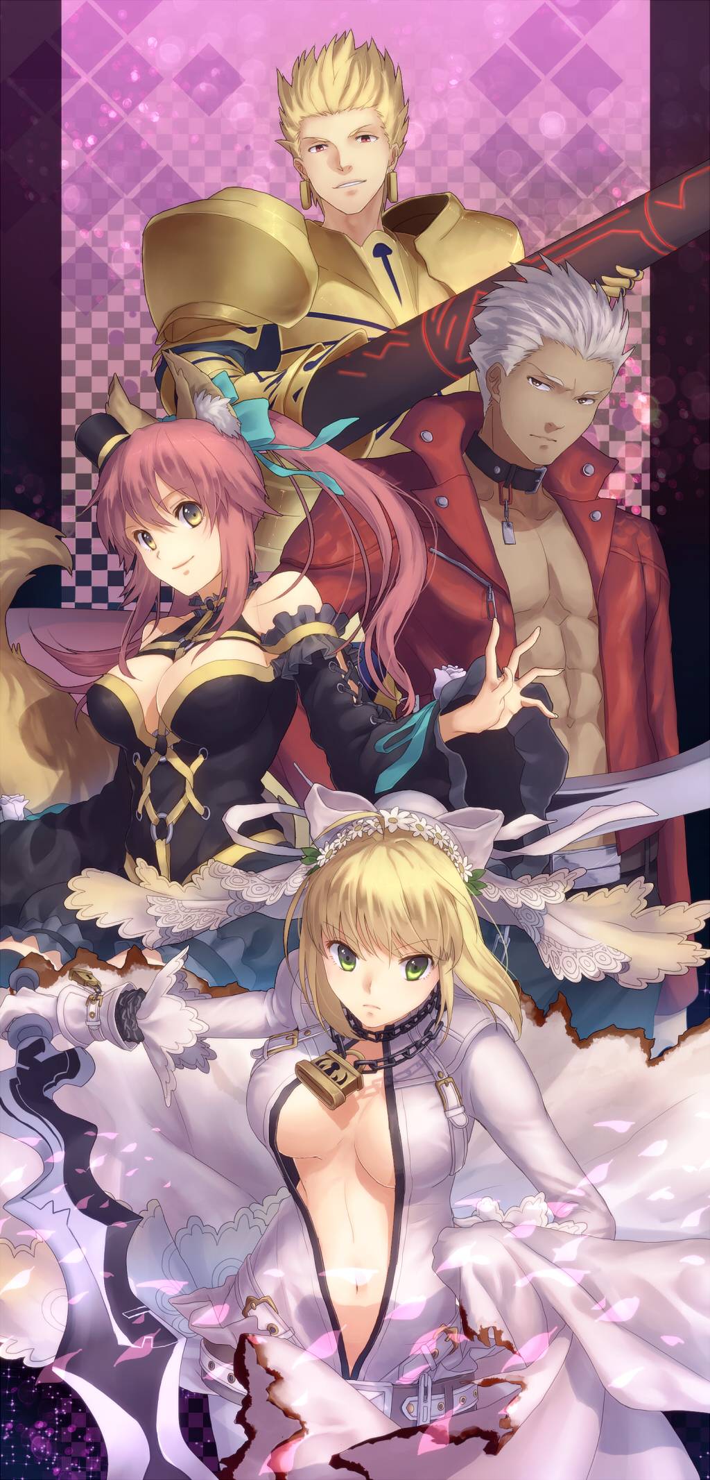 10s, 2boys, 2girls, aestus_estus, ahoge, animal_ears, archer_(cool_and_wild)_(fate), archer_(fate)