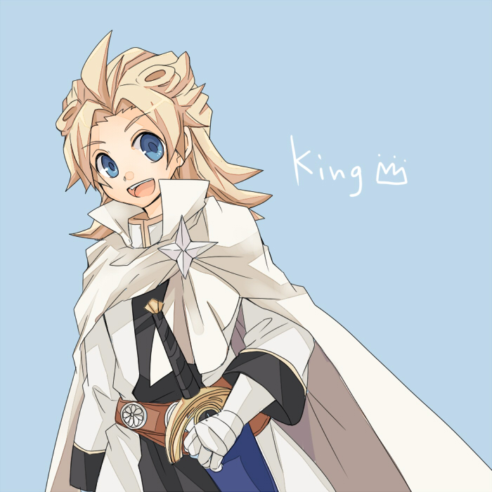 1boy, armor, blonde_hair, blue_eyes, cape, english_text, fusion, inazuma_eleven_(series), inazuma_eleven_go, inazuma_eleven_go_chrono_stone, king_arthur_(inazuma_eleven), kojou_shion, long_hair, male_focus, matsukaze_tenma, open_mouth, sheath, sheathed, simple_background, solo, sword, weapon