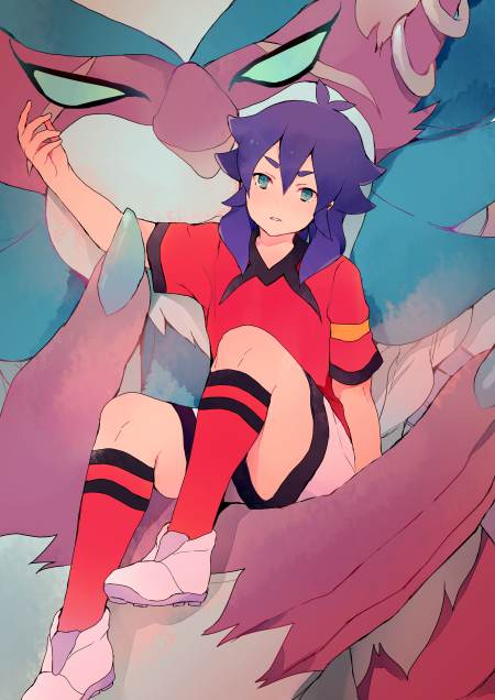 1boy, armband, bad_id, bad_pixiv_id, blue_eyes, inazuma_eleven_(series), inazuma_eleven_go, juuou_leon, keshin_(inazuma_eleven), kidokawa_seishuu, kishibe_taiga, looking_at_viewer, male_focus, purple_hair, soccer_uniform, solo, sportswear, tokio_neo