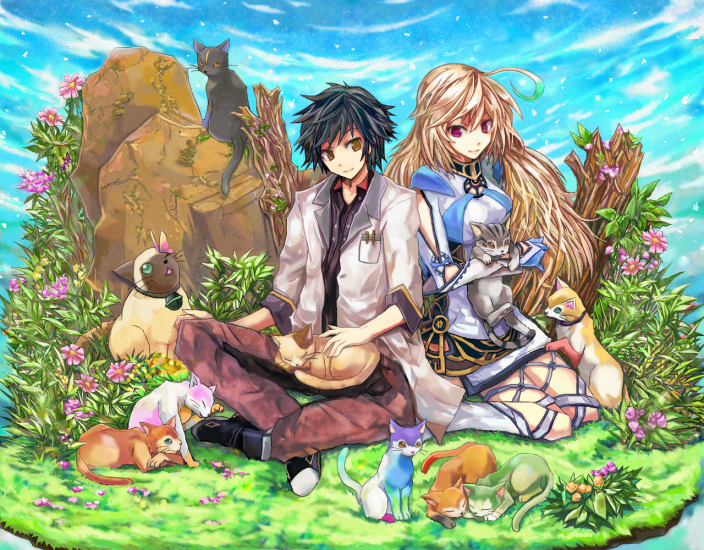 1boy, 1girl, ahoge, being7, black_hair, blonde_hair, boots, brown_eyes