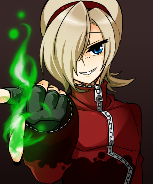 1boy, ash_crimson, blonde_hair, blue_eyes, fingerless_gloves, fire, freckles, gloves