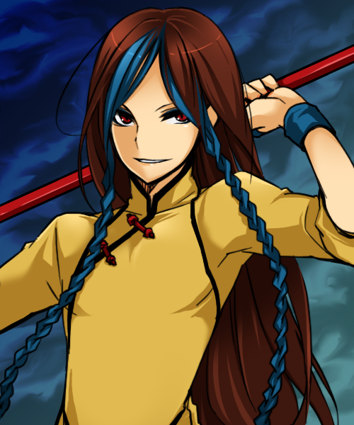 1boy, blue_hair, braid, brown_eyes, brown_hair, chinese_clothes, colored_bangs, long_hair