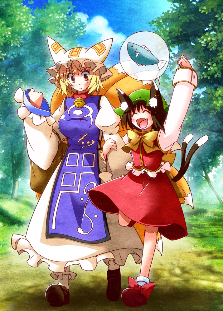 2girls, akagi_yuuto, animal_ears, arm_up, bell, neck_bell, black_hair, blonde_hair