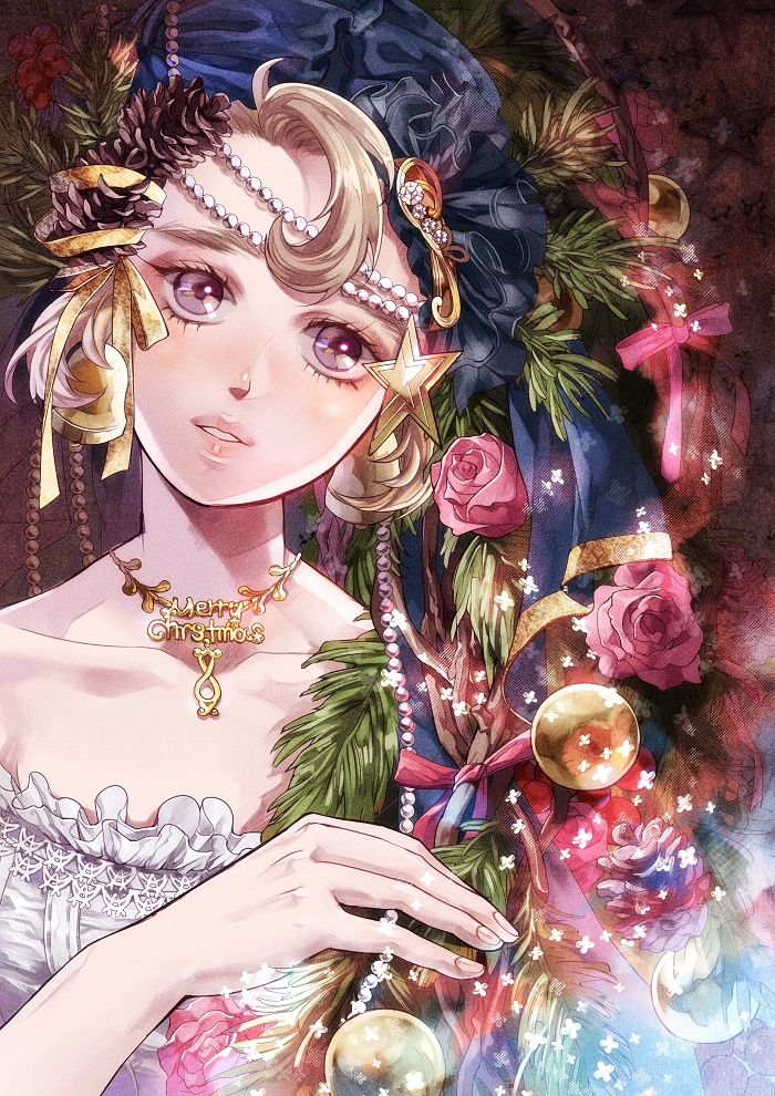 1girl, becky2006, bell, blonde_hair, christmas, christmas_tree, collarbone, cone