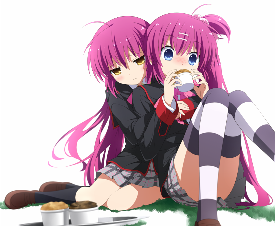 2girls, ahoge, blue_eyes, blush, chiffon_cake, food, futaki_kanata, goribote, hair_bobbles, hair_ornament, incest, little_busters!, long_hair, long_sleeves, multiple_girls, purple_hair, saigusa_haruka, school_uniform, siblings, side_ponytail, sisters, sitting, thighhighs, very_long_hair, white_background, yellow_eyes