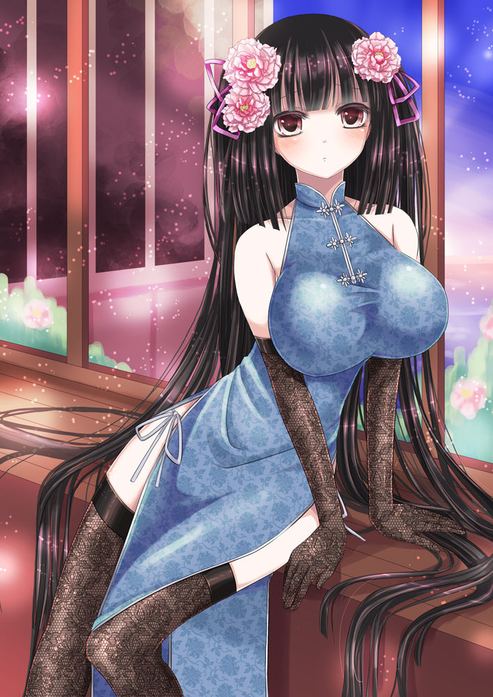 1girl, absurdly_long_hair, arm_support, bare_shoulders, black_hair, blush, breasts, china_dress, chinese_clothes, collarbone, dress, elbow_gloves, female_focus, fishnets, flower, gloves, hair_flower, hair_ornament, hime_cut, hiroharu, huge_breasts, itsumoto_hiroharu, leaning_forward, long_hair, original, panties, shadow, shirt, side-tie_panties, side_slit, sitting, solo, taut_clothes, taut_shirt, thighhighs, underwear, very_long_hair