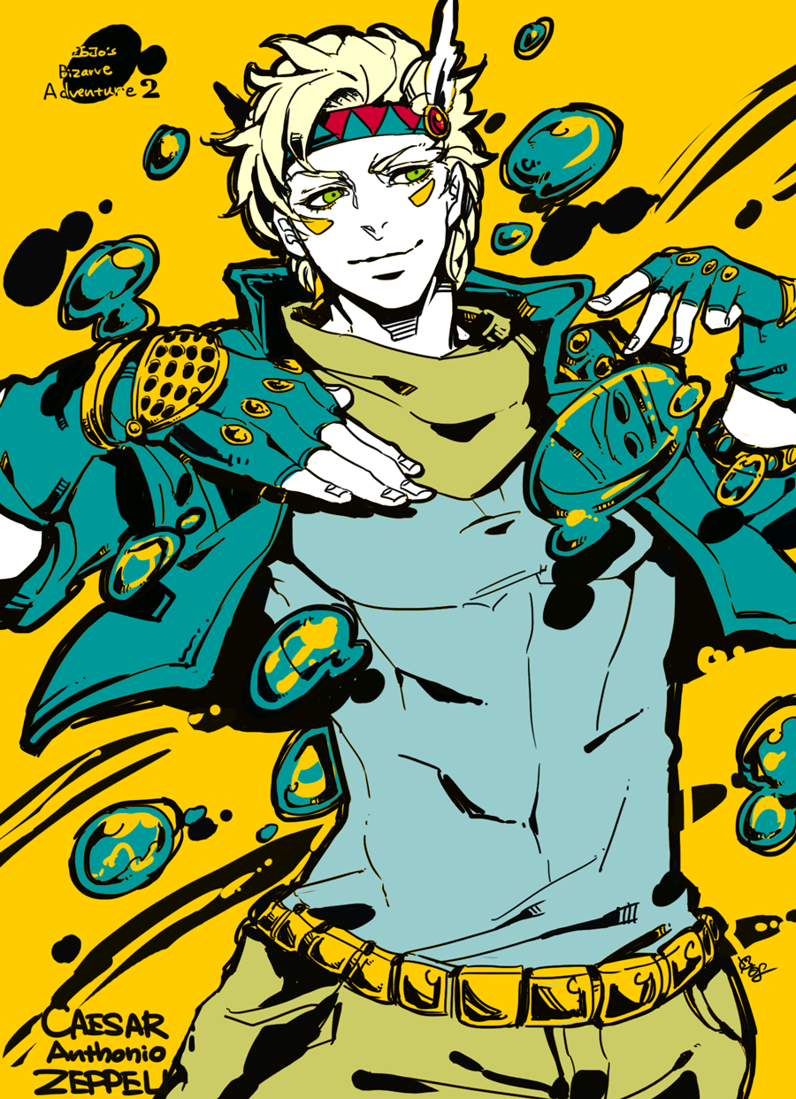 1boy, battle_tendency, belt, blonde_hair, bubble, caesar_anthonio_zeppeli, character_name, cropped_jacket
