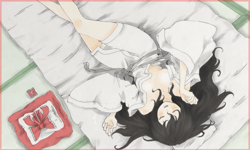1girl, bare_legs, black_hair, border, bow, breasts, breasts_apart, closed_eyes