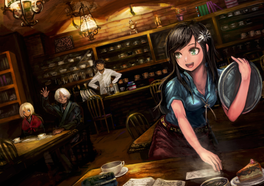 2boys, 2girls, :d, black_hair, blonde_hair, cafe, cake, cup