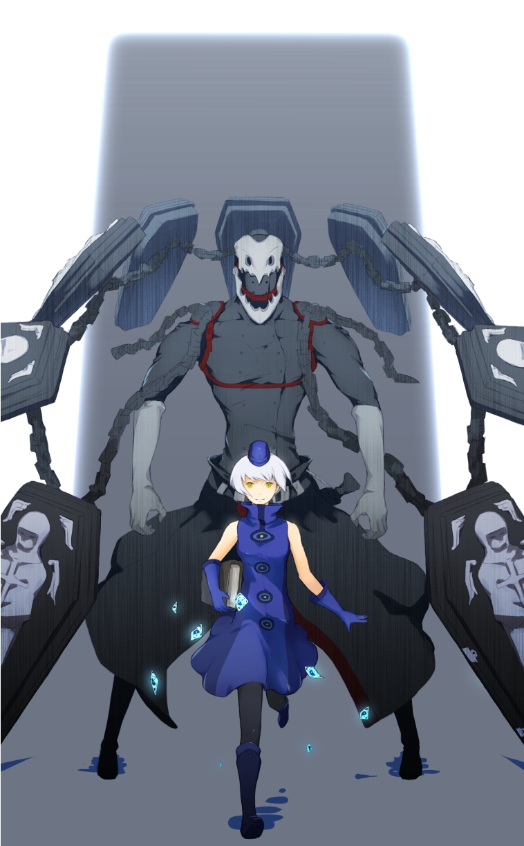 1girl, atlus, bare_shoulders, book, boots, card, chain, dress