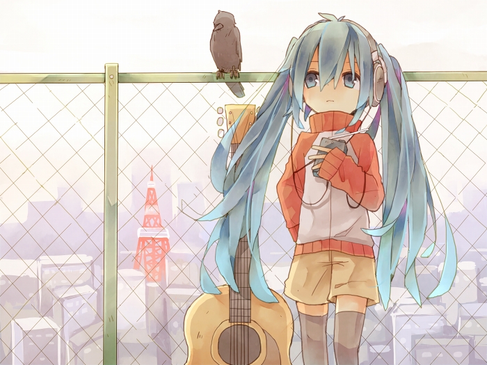 1girl, acoustic_guitar, aqua_eyes, aqua_hair, bird, female_focus, fence, gomahichi