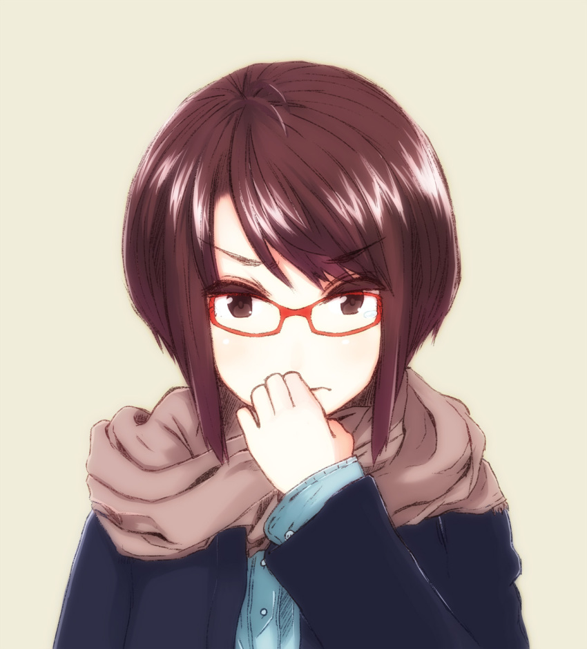 1girl, akku_lude, brown_eyes, brown_hair, female_focus, finger_to_mouth, glasses, highres