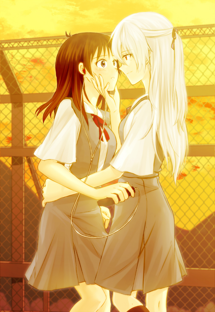 2girls, bad_id, bad_pixiv_id, blue_eyes, brown_hair, cassette_player, gender_request, genderswap