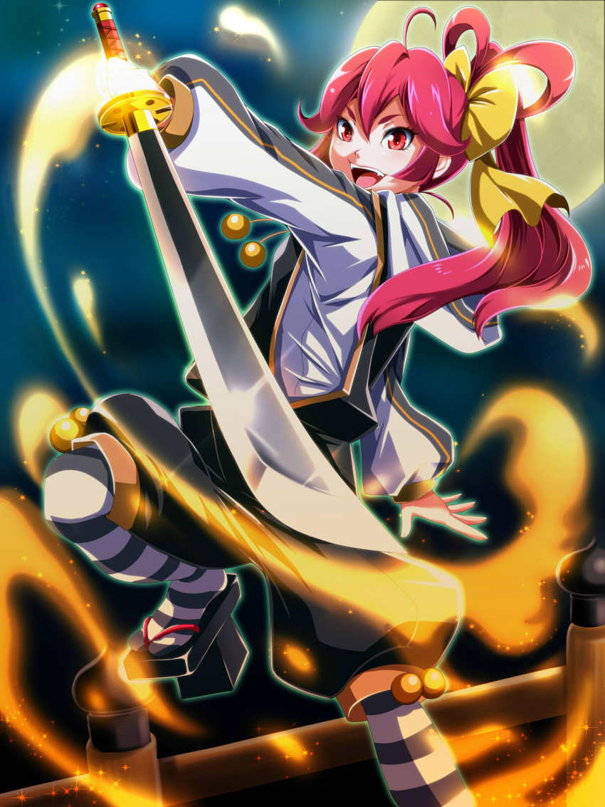 1girl, :d, ahoge, bow, female_focus, full_moon, hair_bow, highres