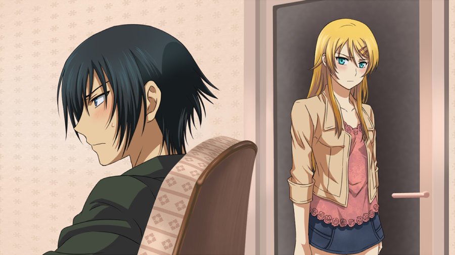 1boy, 1girl, black_hair, blonde_hair, blue_eyes, brother_and_sister, couch, door, kousaka_kirino, kousaka_kyousuke, long_hair, ore_no_imouto_ga_konna_ni_kawaii_wake_ga_nai, short_hair, siblings, toryi