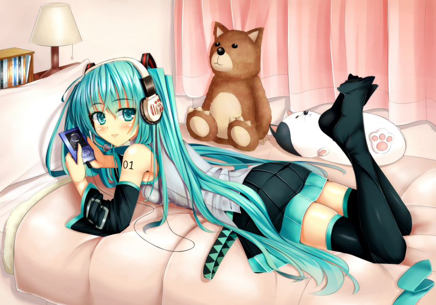 1girl, aqua_eyes, aqua_hair, bed, blush, cafeore, covers, curtains, detached_sleeves, mp3_player, feet, female_focus, hatsune_miku, headphones, lamp, long_hair, lying, no_shoes, on_stomach, pillow, skirt, socks, solo, stuffed_animal, stuffed_toy, thighhighs, twintails, very_long_hair, vocaloid